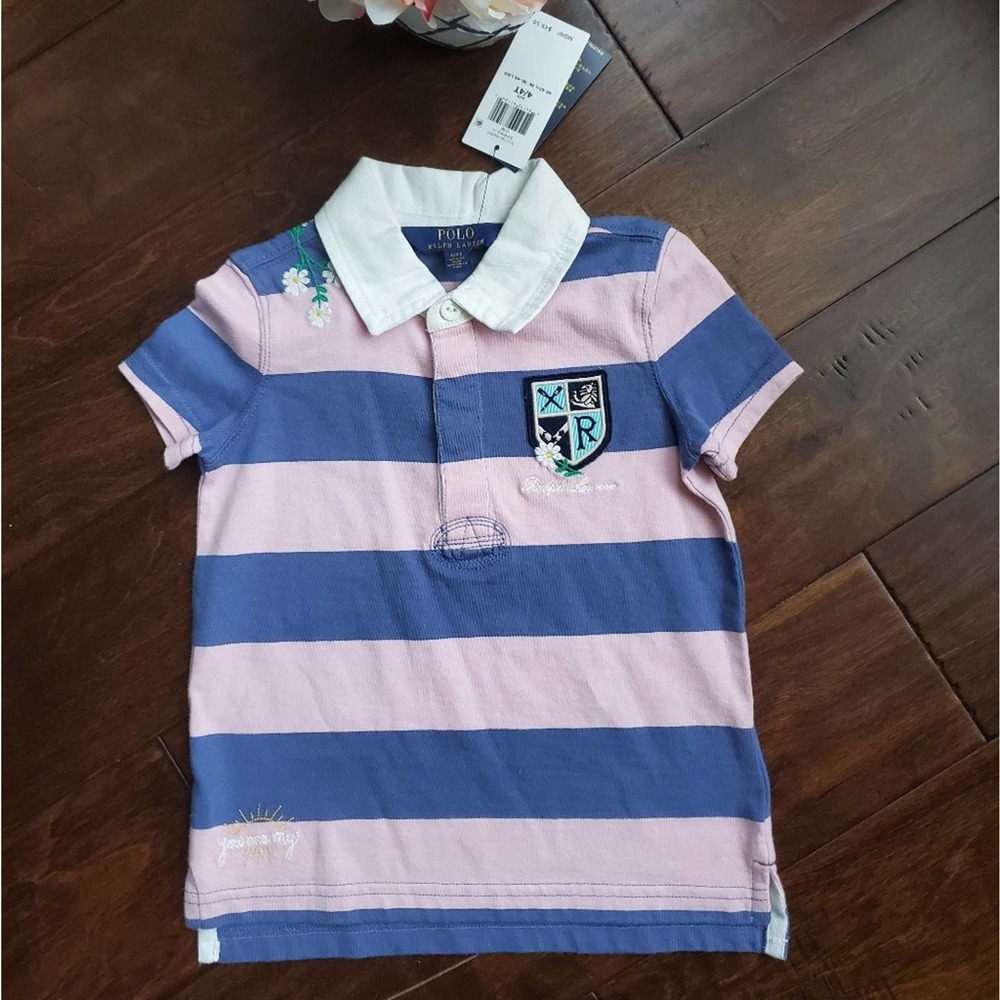 NWOT Polo Ralph Lauren Floral Embroidered Pink and Blue Striped Polo (4T)
